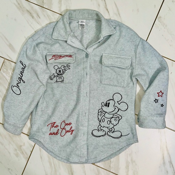 DISNEY Mickey Mouse Fleece Shacket S Y2K Oversized Button Shirt Jacket Gray - Picture 1 of 9